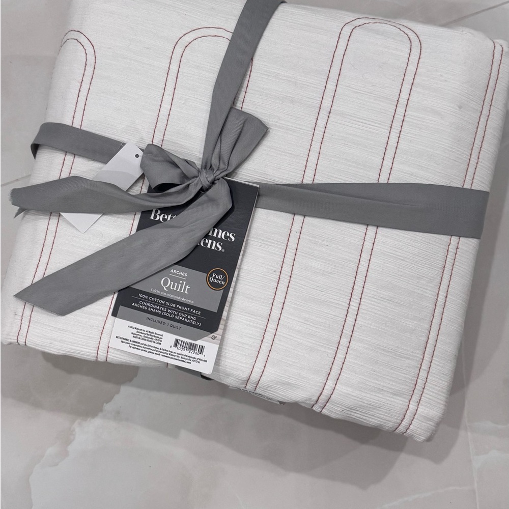 Better Homes And Gardens White Quilt with Red Stitching and Gray Ribbon